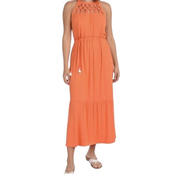 Daniel Rainn Dresses & Skirts - Daniel Rainn Orange Jersey Knit Halter Maxi Dress with Macrame Neckline S